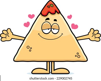 A cartoon illustration of a tortilla chip with salsa ready to give a hug.