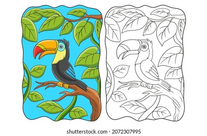 cartoon illustration toucan bird perched on a tall tree trunk book or page for kids