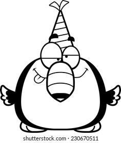 A cartoon illustration of a toucan with a party hat looking drunk.