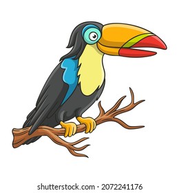 cartoon illustration toucan perched on a tree trunk