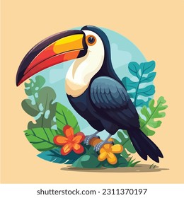 cartoon illustration of toucan sitting on tree