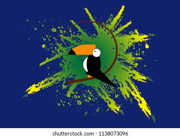 Cartoon illustration of toucan vector icon for web. Toucan flat style vector logo template green splatter background. Tropical bird icon isolated or blue background