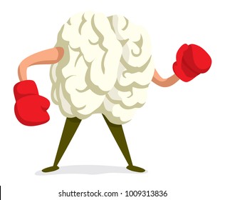 Cartoon Illustration Of Tough Brain Wearing Boxing Gloves Ready To Fight 