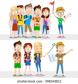 Cartoon illustration of tourists having excursion with guide