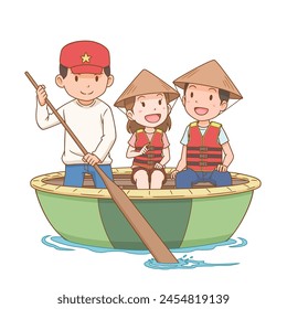 Cartoon illustration of tourists riding basket boat which is made from bamboo woven. Tourism in Vietnam.