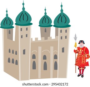 A Cartoon Illustration Of The Tower Of London And A Beefeater