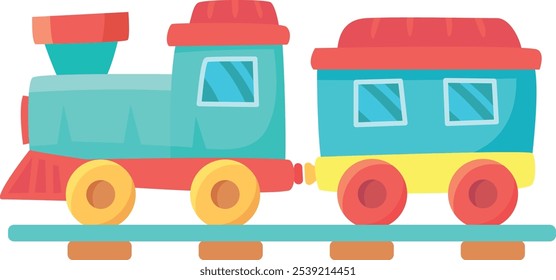 Cartoon illustration of a toy train engine pulling a passenger carriage, showcasing vibrant colors and a playful design