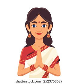 A cartoon illustration of a traditional Indian woman dressed in a red and white sari, offering a Namaste gesture. This cultural design is perfect for greeting cards, spiritual content