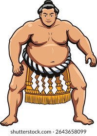 A cartoon illustration of a traditional Japanese sumo wrestler, or rikishi, standing in a powerful pre-match stance. He is wearing the characteristic mawashi loincloth.