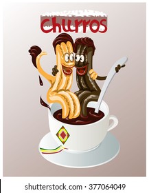 Cartoon  illustration of the traditional Spanish pastry called churros