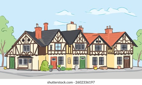 Cartoon Illustration of Traditional Tudor Houses in England with Clustered Chimneys
