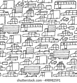 Cartoon illustration of traffic jam cars seamless texture for coloring