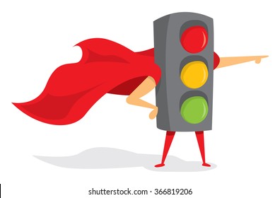 Cartoon illustration of traffic lights super hero with cape