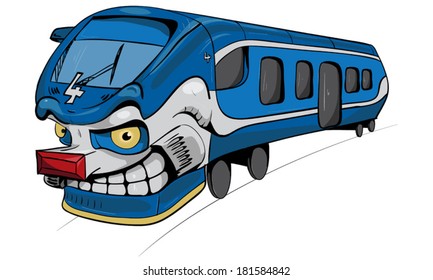 Cartoon illustration of train with devil smile, no gradients used, no blends used, everything expanded and editable