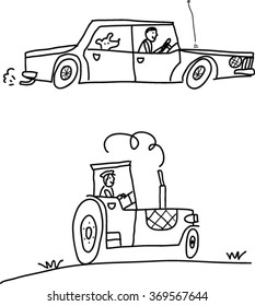Cartoon illustration of transport. Tractor and vehicle car line drawing. A farmer driving a tractor doodle. 