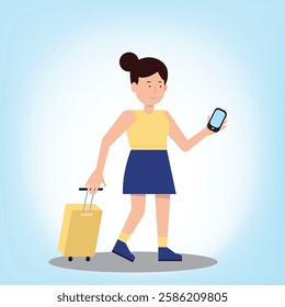 Cartoon illustration of a traveling girl in a skirt and blouse, holding a phone and baggage