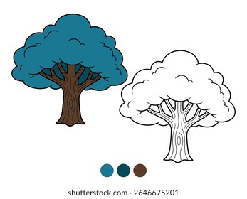 Ilustração em desenho animado de uma árvore com folhas azuis e um tronco marrom, mostrada tanto colorida quanto como um contorno para coloração. Ideal para materiais educacionais infantis ou temas da natureza.