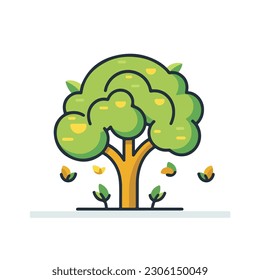 A cartoon illustration of a tree with a brown trunk and a brown trunk.  green leaves and a white background. A green tree in the rain. vector isolated. 