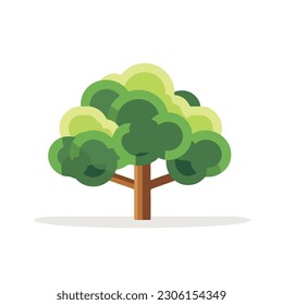 A cartoon illustration of a tree with a brown trunk and a brown trunk.  green leaves and a white background. A green tree in the rain. vector isolated. 