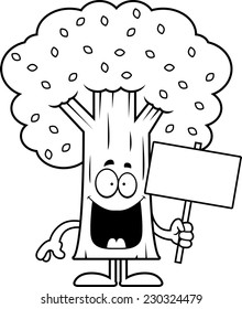 A cartoon illustration of a tree holding a sign.