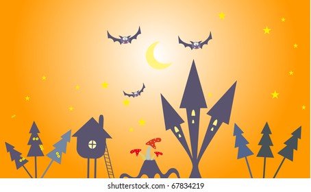 cartoon illustration - tree, home and bat