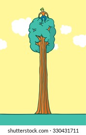 Cartoon illustration of tree hugger enjoying nature sitting on top