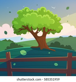 Cartoon illustration of the tree on hill with wooden fence, summer landscape.