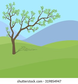 Cartoon illustration of a tree in a summer field on a background of mountains and blue sky.