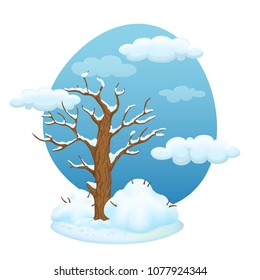 Cartoon illustration of a tree without leaves with branches covered with snow and snowbound bushes. Bright blue sky with clouds on the background. Winter day scene.
