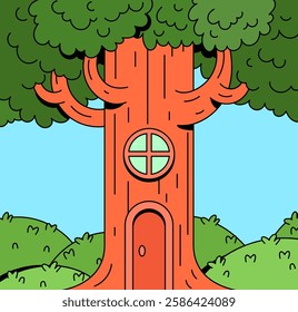 Cartoon illustration of a treehouse with a vibrant green tree cartoon illustration hand drawn