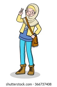 Cartoon illustration of Trendy Muslim Girl with Bag