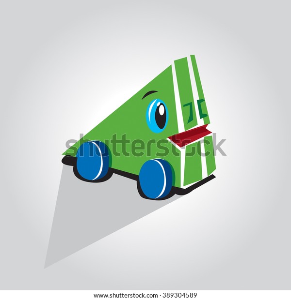 Cartoon illustration of triangle shaped funny\
green car comic character. Basic geometric shaped car character for\
children education.
