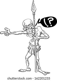 cartoon illustration of a tribal warrior with spear pointing finger