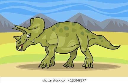 Cartoon Illustration of Triceratops Dinosaur Reptile Species in Prehistoric World