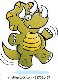 Cartoon illustration of a triceratops jumping.