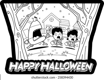 A cartoon illustration of trick-or-treaters running away from a candy corn monster.