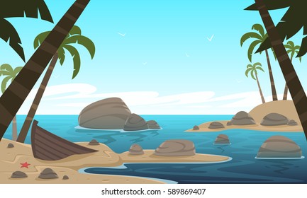 Cartoon illustration of the tropical beach with old boat and the ocean in the background.