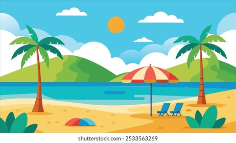 A cartoon illustration of a tropical beach scene with two palm trees, a blue ocean, a sandy shore, white clouds, a yellow sun, a striped beach umbrella, and two blue lounge chairs.