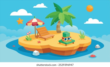 A cartoon illustration of a tropical island with a palm tree, beach chair, umbrella, and a stack of books with goggles. The island is surrounded by blue water and clouds.
