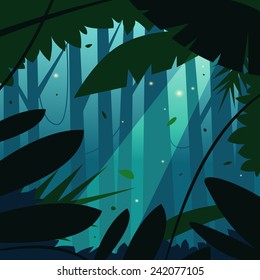 Cartoon illustration of the tropical rain forest jungle.