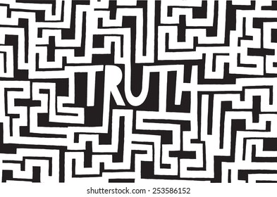 Cartoon Illustration Of Truth Word Inside A Complex Maze Or Labyrinth