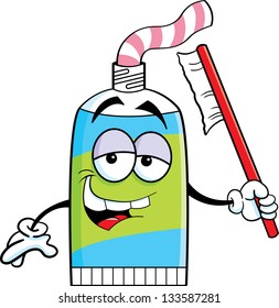 Cartoon illustration of a tube of toothpaste holding a toothbrush.