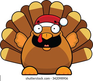 Cartoon illustration of a turkey wearing a Santa hat. 
