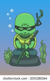 Cartoon Illustration, Turtle Ninja under water