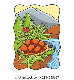 cartoon illustration The turtle is on the bank of the river and getting ready to swim