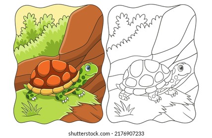 cartoon illustration a turtle walking in the middle of a meadow on a cliff beside a river book or page for kids