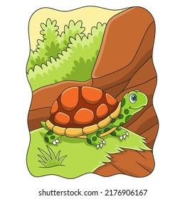 cartoon illustration a turtle walking on a cliff in the middle of the forest looking for food