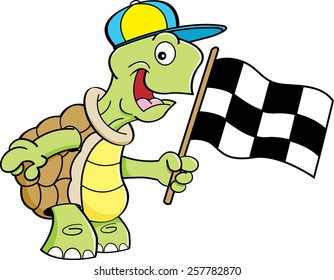 Cartoon Illustration Of A Turtle Waving A Checkered Flag.