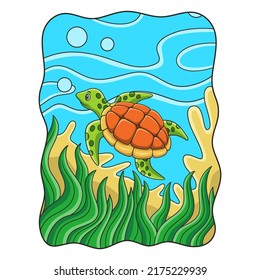 cartoon illustration turtles are swimming in the sea with some coral reefs and marine plants