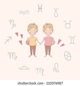 Cartoon illustration of the twins (Gemini). Part of set with horoscope zodiac signs. EPS 10. No transparency. No gradients.